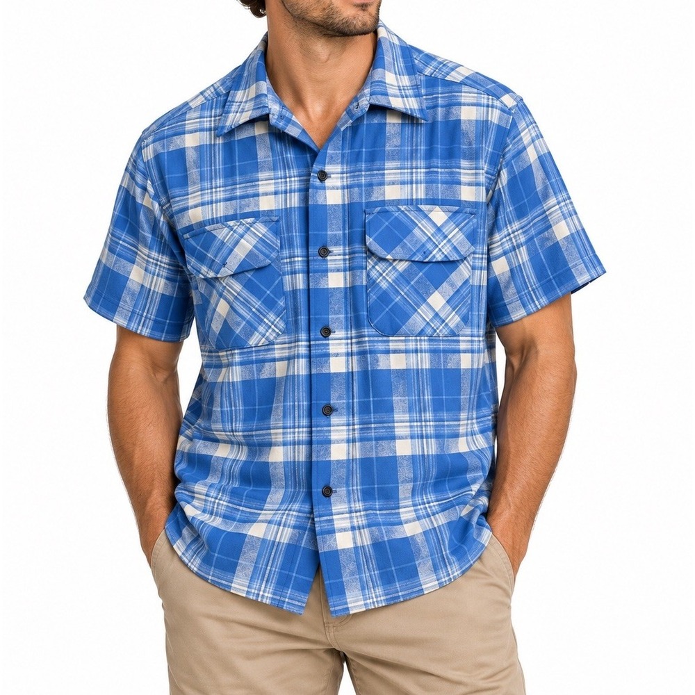 Pendleton Original Board Shirt Men’s L Blue Plaid Short Sleeve Wool READ